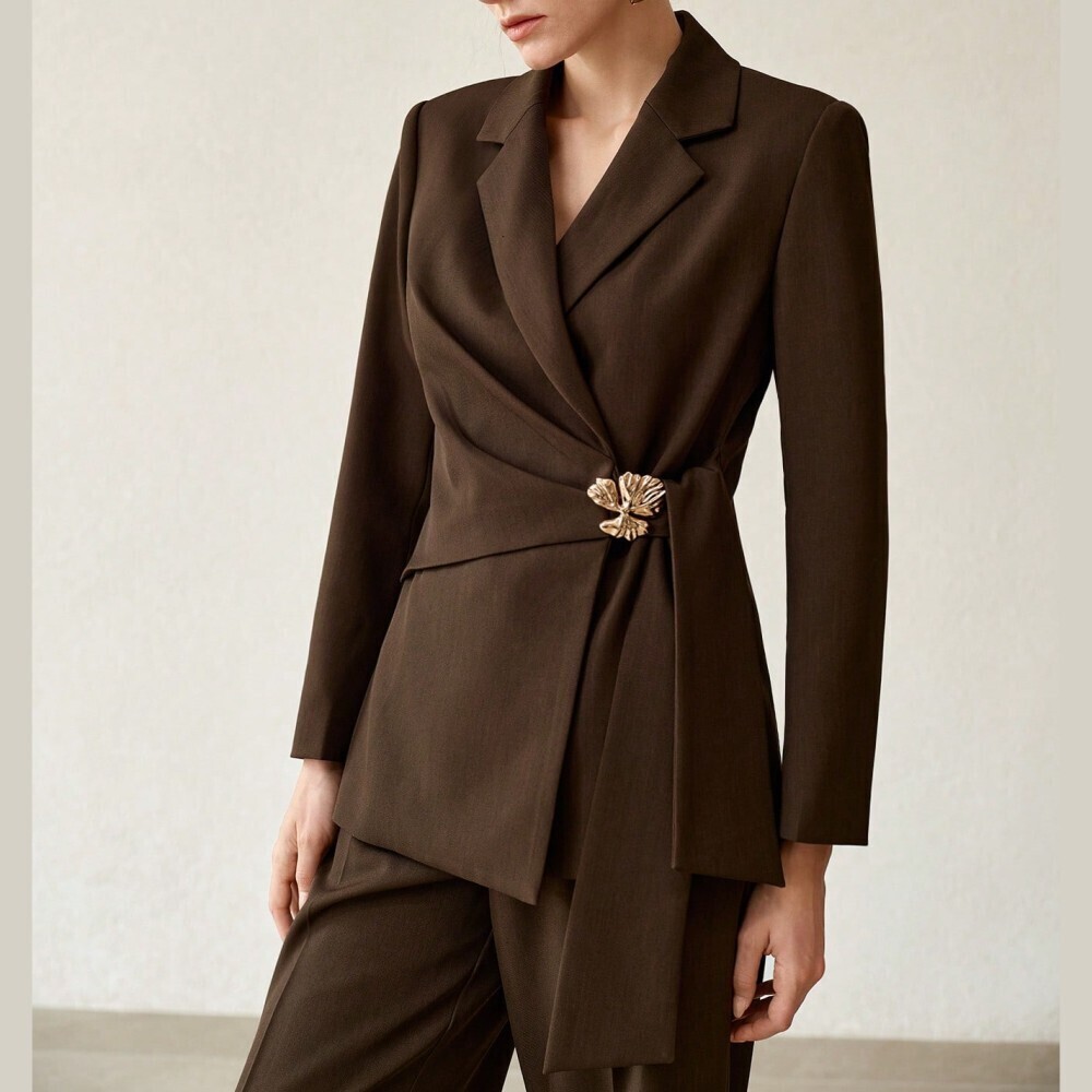 Brown Wrap Blazer With Gold Floral Clasp Detail